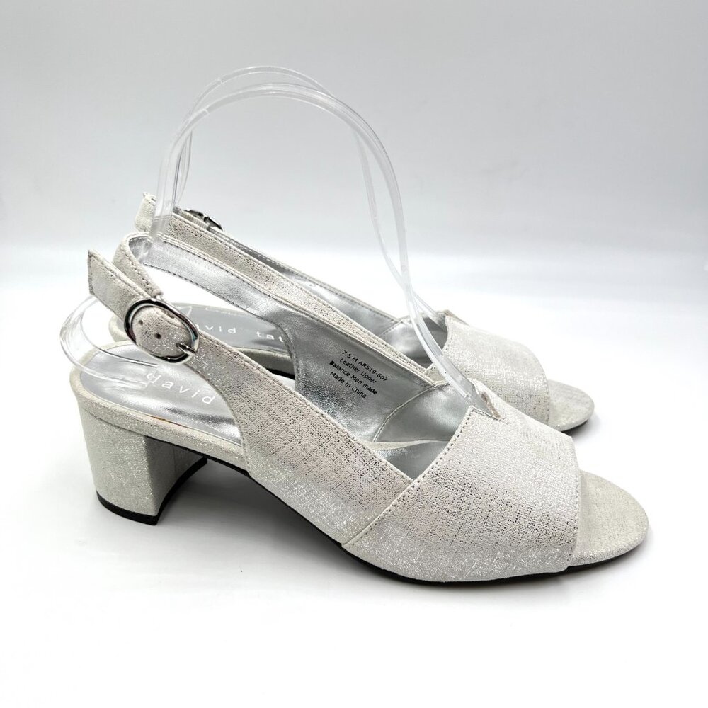 David Tate Womens Size 7.5 Silver White Leather Open Toe Heels Sandals Shoes